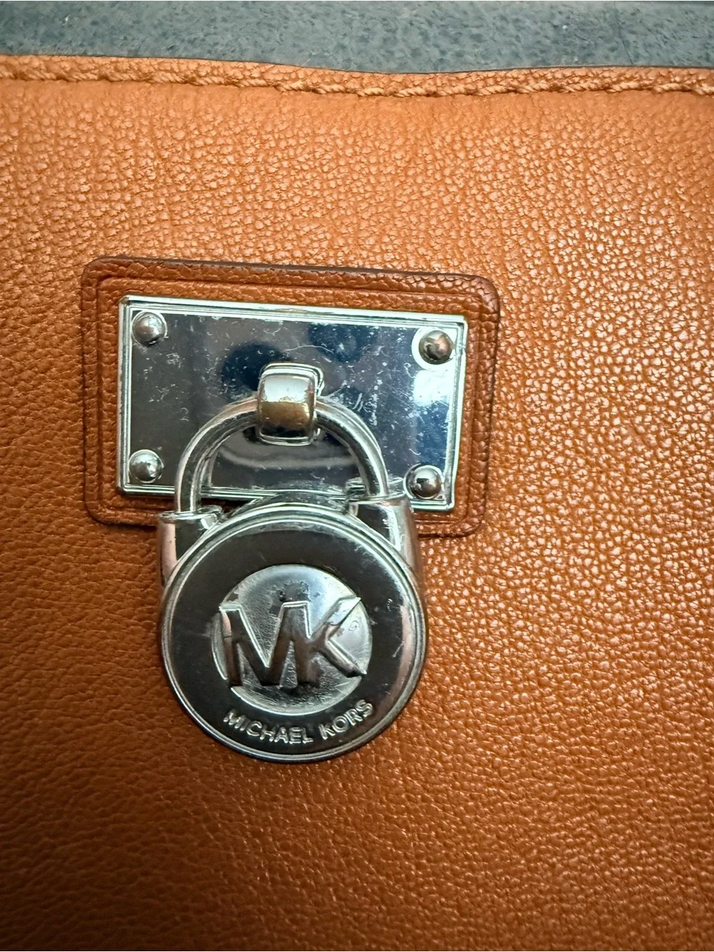 Michael Kors Cognac HAMILTON Large Leather Zip Wallet with Silver Tone Logo Lock